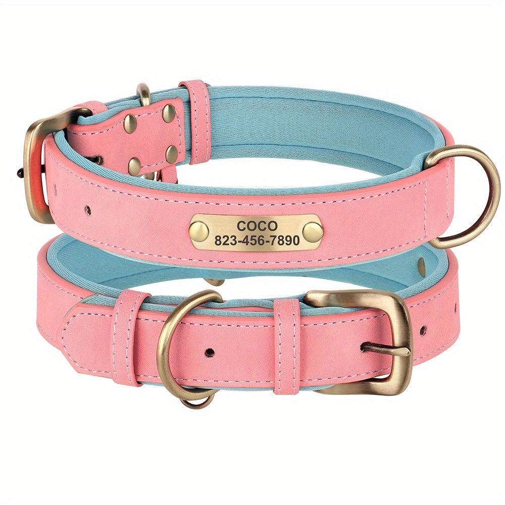 [Custom Dog Collar] Soft Padded Custom Engraved Dog Collar with ID Nameplate - Adjustable Pet Collars for Small to Large Dogs - Solid Pattern, Durable Material, Personalized