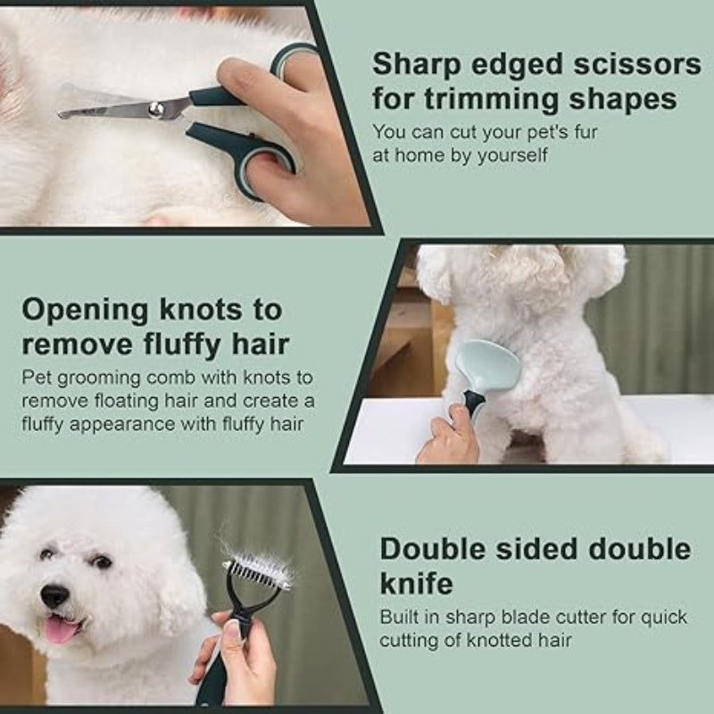 [8pcs Pet Grooming Kit] 8pcs LDECO Pet Grooming Kit for Dogs, Plastic Grooming Set, with Self-Cleaning Dematting Brush, Scissors, Comb, Nail Clippers, Foldable Bowl, Bath & Tooth Brushes, for Uncharged Pet Care Tools