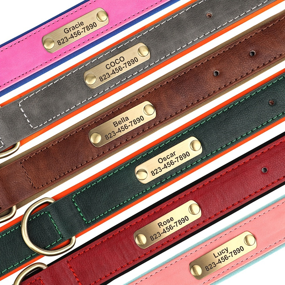 [Custom Dog Collar] Soft Padded Custom Engraved Dog Collar with ID Nameplate - Adjustable Pet Collars for Small to Large Dogs - Solid Pattern, Durable Material, Personalized