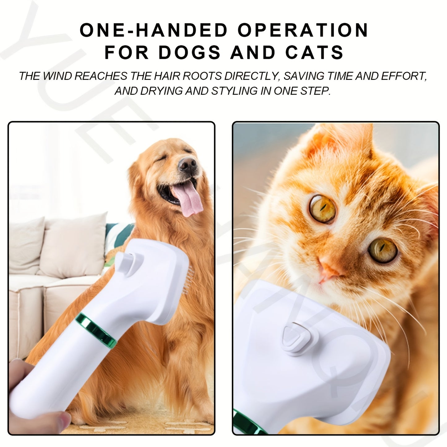 2-in-1 Pet Hair Dryer and Grooming Brush with 3-Speed Temperature Control, Quiet Operation for Dogs After Bathing, White with Green Accents, Plastic Material, Ideal for Wet or Dry Pet Care, Dog Grooming