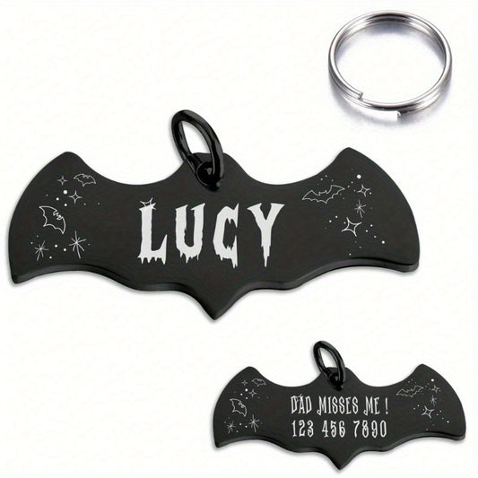 1pc Custom Engraved Bat-Shaped Pet ID Tag - Personalized Halloween-Themed Dog & Cat Nameplate, Stainless Steel Collar Pendant - Anti-Lost Keychain with Name & Contact Info - Vibrant Colors, Stylish Outdoor Accessory for Pets