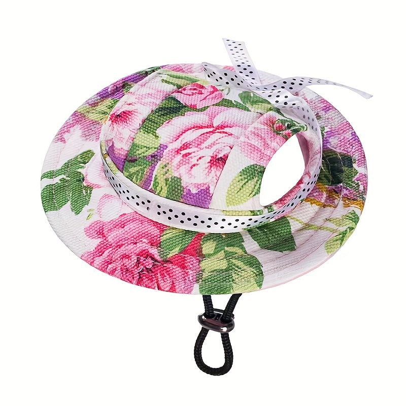 Adjustable Round Brim Dog Cap with Ear Holes - Cute Pet Grooming Dressing Hat for Outdoor Sun Protection