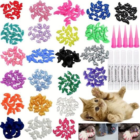 20/100pcs Vibrant Cat Nail Caps - Soft, Colorful, and Gentle Claws Covers with Easy-Apply Glue and Applicators for Safe and Stylish Pet Grooming