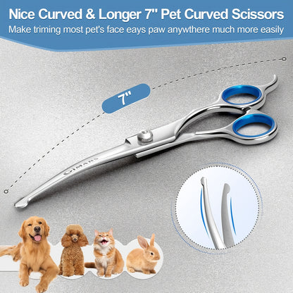 Professional Pet Grooming Scissors Set - Includes 1 x 6.5-inch Thinning Shears, 1 x 6.5-inch Curved Shears, 1 x 6.5-inch Straight Shears, 1 Pet Comb, 1 Cleaning Cloth, and 1 Black Case