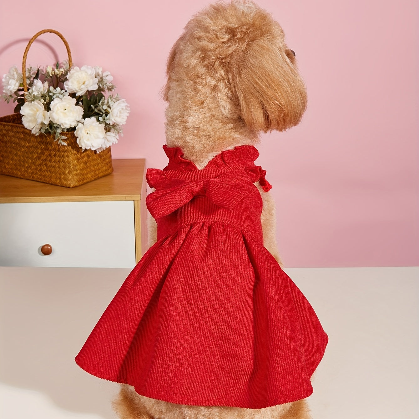 Adorable Red Corduroy Bowknot Dress for Small to Medium Dogs and Cats - All-Season Lightweight Pet Outfit with Matching Hair Clip, Perfect for Weddings, Christmas, and Special Occasions, Dog Dress