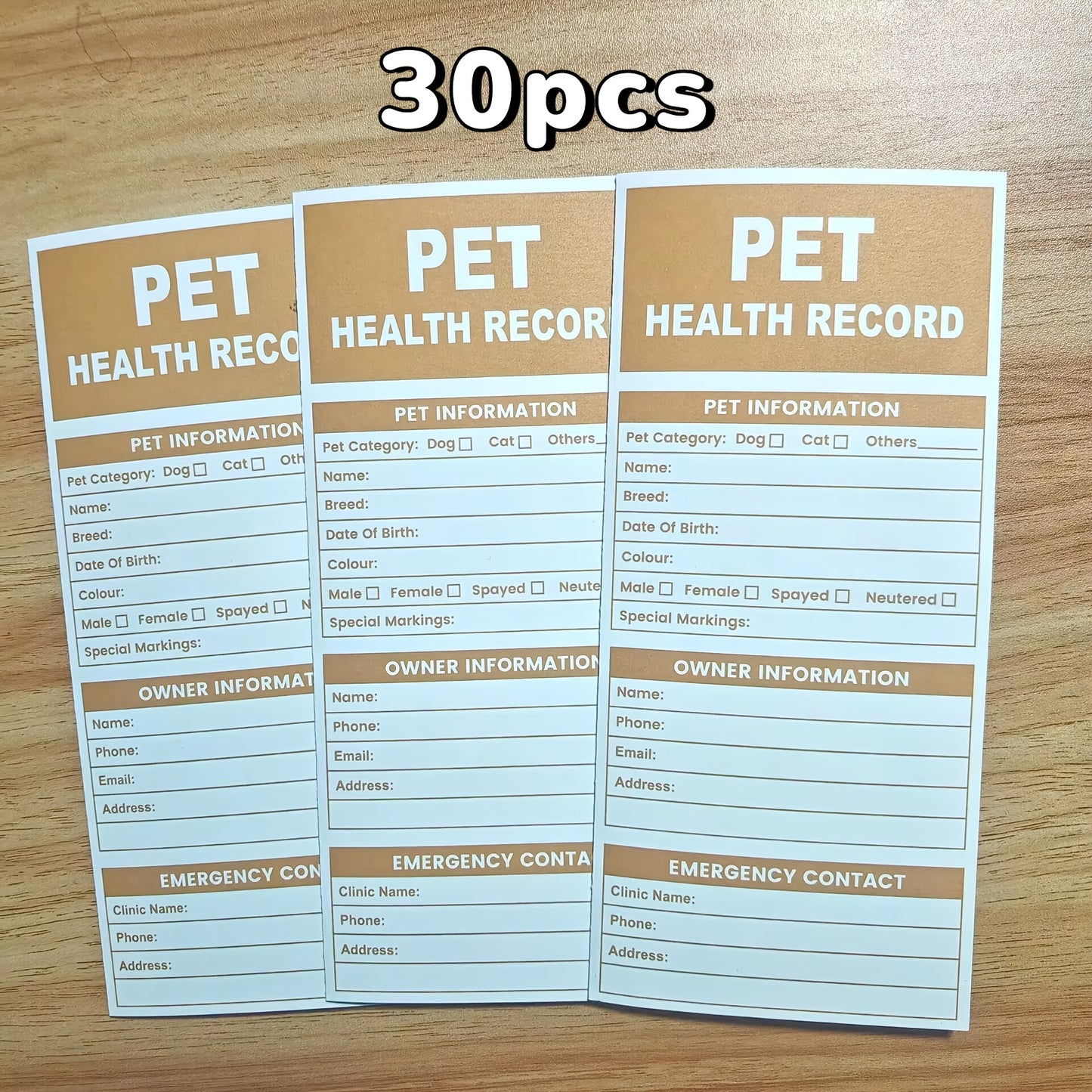30-Pack Pet Health Record Sheets, Tri-Fold Vaccination & Information Sheets for Puppies & Cats, English Language, Paper Material, Durable Pet Care Documents