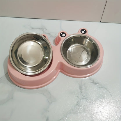 Pet Frog Design Stainless Steel Cat Double Bowl Water Food Bowls For Small Dogs Pet Cat