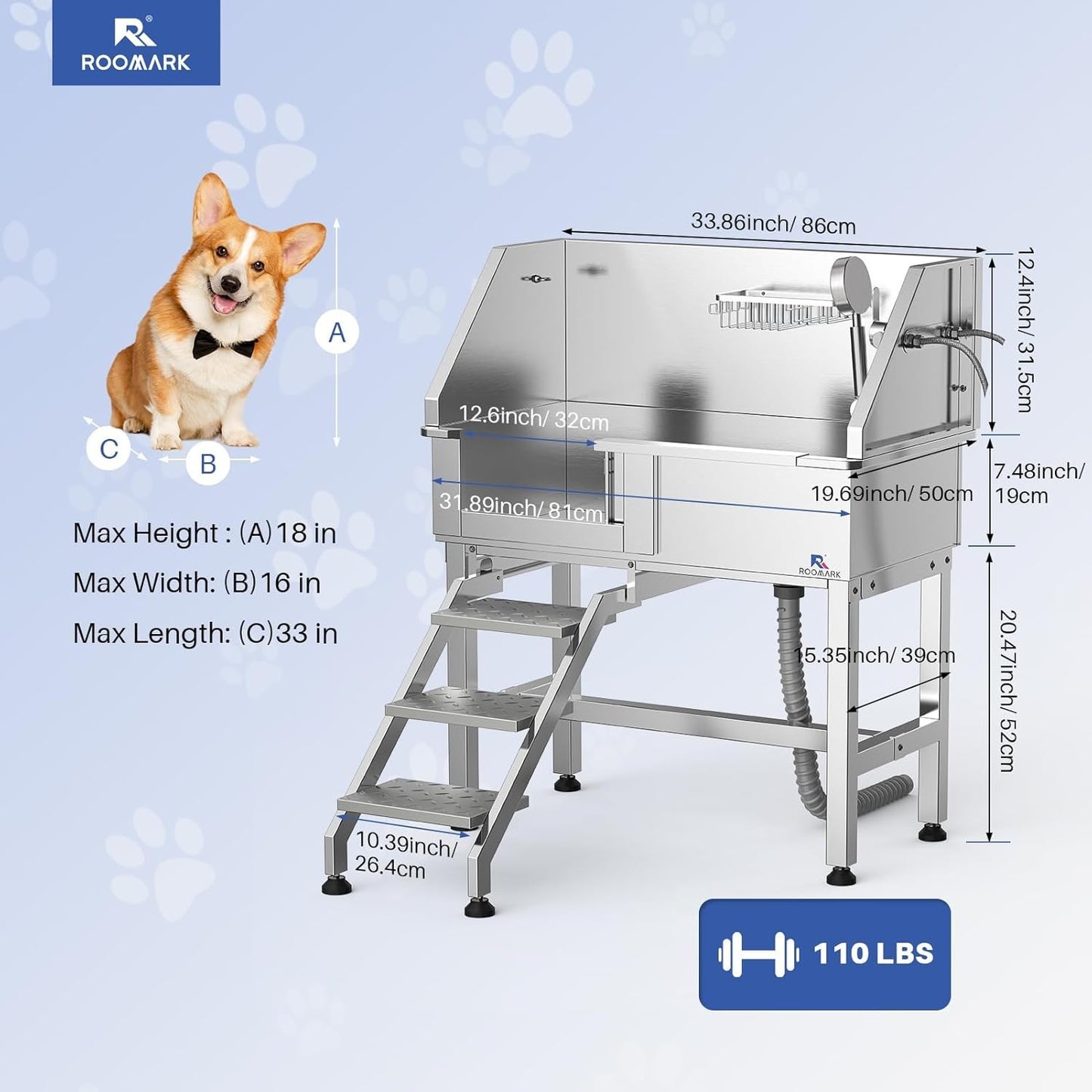 34" Stainless Steel Dog Washing Station with Sliding Door, Steps, Faucet & Sprayer – Easy-Access Bathtub for Small to Medium Pets, Max 110LB Capacity, Right Door Entry, Durable & Easy to Clean, Home Pet Care | Sliding Door