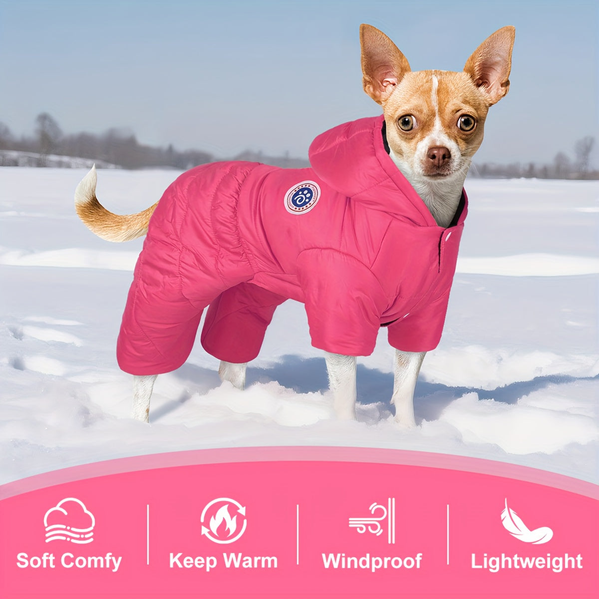 Windproof Thermal Winter Dog Onesie with Hood - Lightweight Warm Pet Suit for Small & Medium Dogs, Easy Snap Button Closure, Machine Washable Cold Weather Clothing for Chihuahuas, Pomeranians, Shih Tzus - Indoor/Outdoor Use,