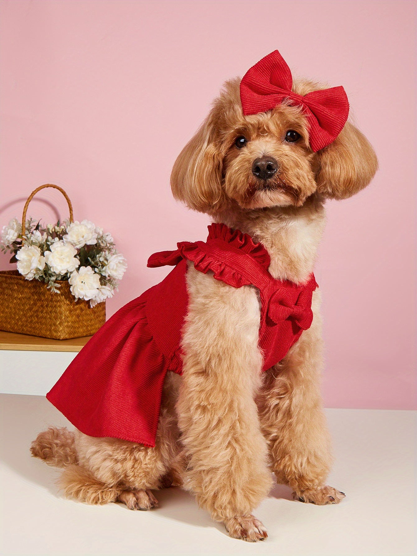 Adorable Red Corduroy Bowknot Dress for Small to Medium Dogs and Cats - All-Season Lightweight Pet Outfit with Matching Hair Clip, Perfect for Weddings, Christmas, and Special Occasions, Dog Dress