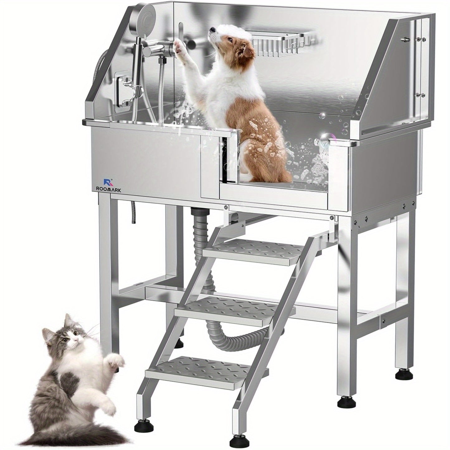 34" Stainless Steel Dog Washing Station with Sliding Door, Steps, Faucet & Sprayer – Easy-Access Bathtub for Small to Medium Pets, Max 110LB Capacity, Right Door Entry, Durable & Easy to Clean, Home Pet Care | Sliding Door