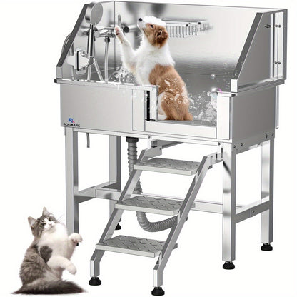 34" Stainless Steel Dog Washing Station with Sliding Door, Steps, Faucet & Sprayer – Easy-Access Bathtub for Small to Medium Pets, Max 110LB Capacity, Right Door Entry, Durable & Easy to Clean, Home Pet Care | Sliding Door