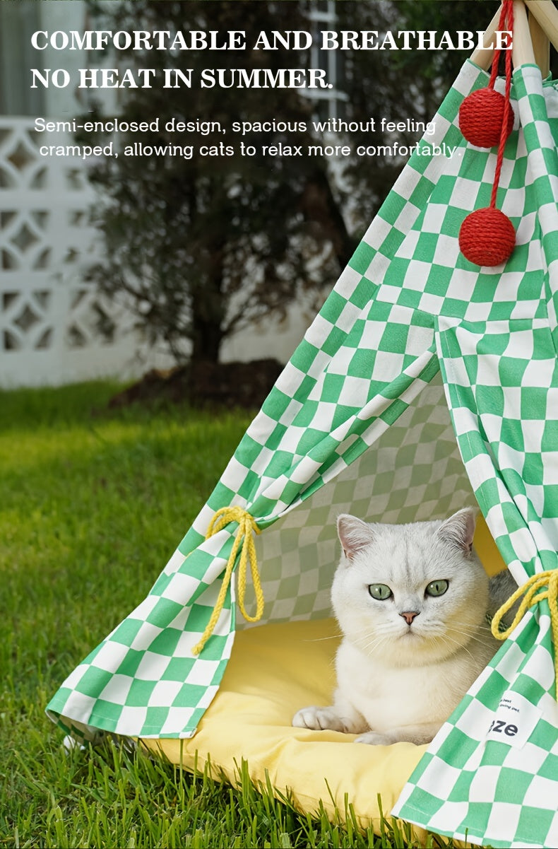 Zeze Cute Pet Tent Pet House Cat Nest Semi-closed Detachable Washable Mat Cat Bed Four Seasons Universal Cat Bed With Checkerboard Pattern