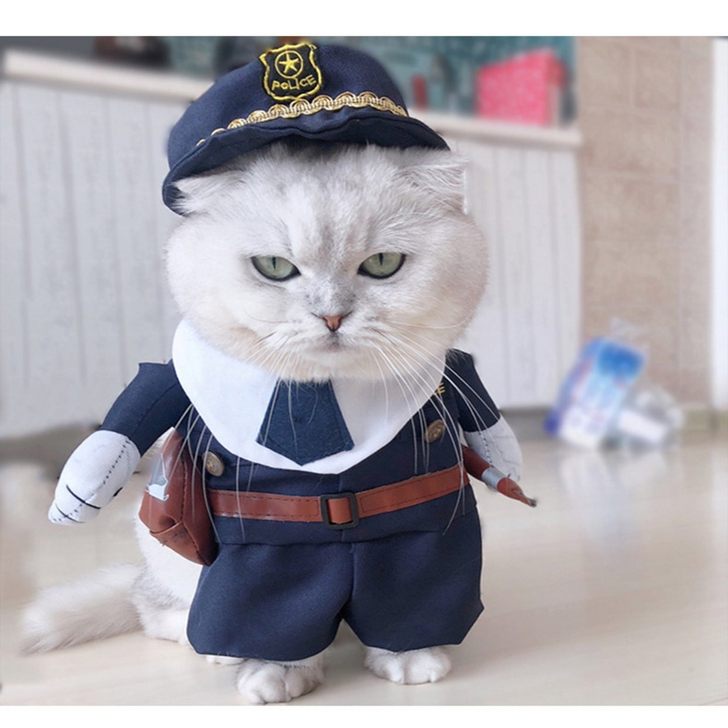 Adorable Small Breed Pet Policeman Costume - Polyester Knit Fabric, Cool Outfit with Hat for Christmas Halloween Party, Fun Cat Clothes for Small Dogs and Cats