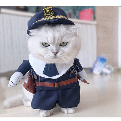 Adorable Small Breed Pet Policeman Costume - Polyester Knit Fabric, Cool Outfit with Hat for Christmas Halloween Party, Fun Cat Clothes for Small Dogs and Cats