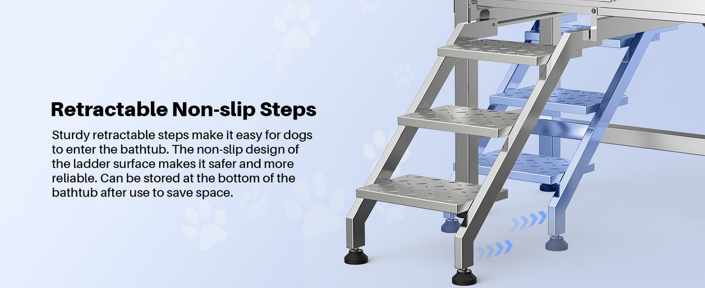 34" Stainless Steel Dog Washing Station with Sliding Door, Steps, Faucet & Sprayer – Easy-Access Bathtub for Small to Medium Pets, Max 110LB Capacity, Right Door Entry, Durable & Easy to Clean, Home Pet Care | Sliding Door