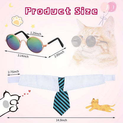 8 Pcs Pet Dog Cat Costume Dog Neck Tie And Dog Sunglasses For Small Dog Cat Round Metal Cat Classic Retro Sunglasses Cat Tie Pet Costume Tuxedo Necktie Collar Puppy Grooming Accessories Cosplay Party