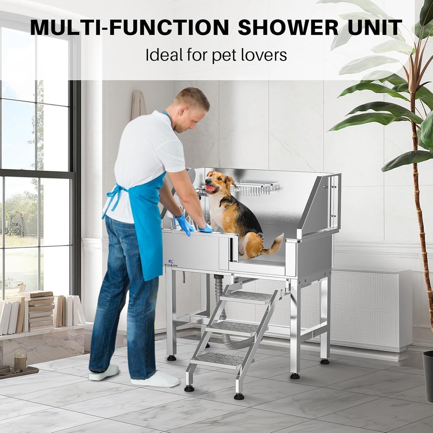 34" Stainless Steel Dog Washing Station with Sliding Door, Steps, Faucet & Sprayer – Easy-Access Bathtub for Small to Medium Pets, Max 110LB Capacity, Right Door Entry, Durable & Easy to Clean, Home Pet Care | Sliding Door