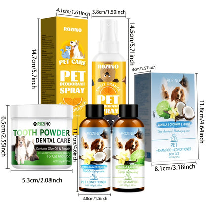 ROZINO 4pcs Pet Care Set: Natural Oral Health & Freshness - Deodorant Spray, Tooth Powder, Shampoo & Conditioner - Mild, Non-Irritating Plastic Material for Dogs & Cats