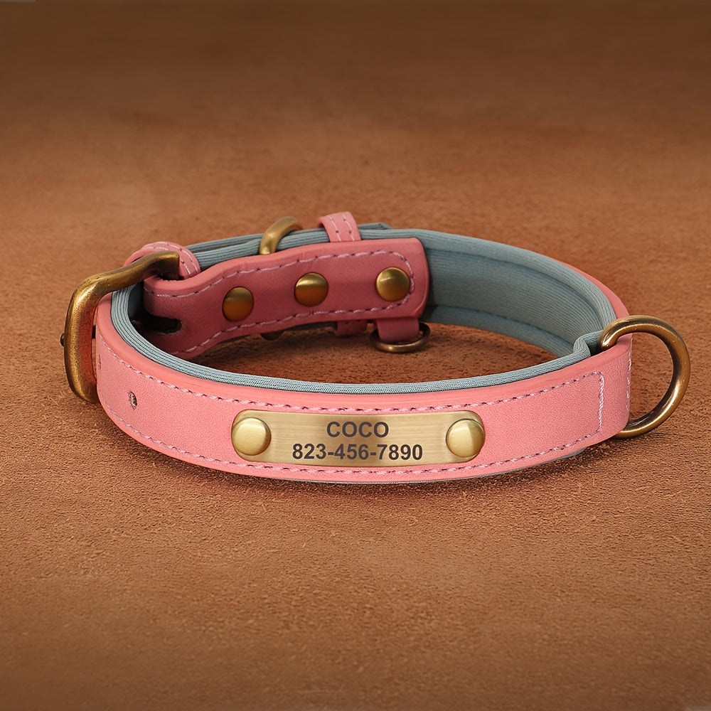 [Custom Dog Collar] Soft Padded Custom Engraved Dog Collar with ID Nameplate - Adjustable Pet Collars for Small to Large Dogs - Solid Pattern, Durable Material, Personalized