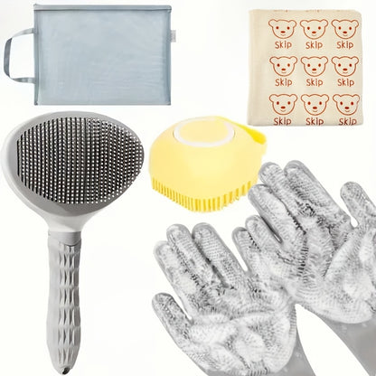 5pcs Dog Grooming Bath Set - Stainless Steel Shampoo Brush, Soft Rubber Washing Gloves, Hair Removal Slider for All Breeds, Pet Care Essentials