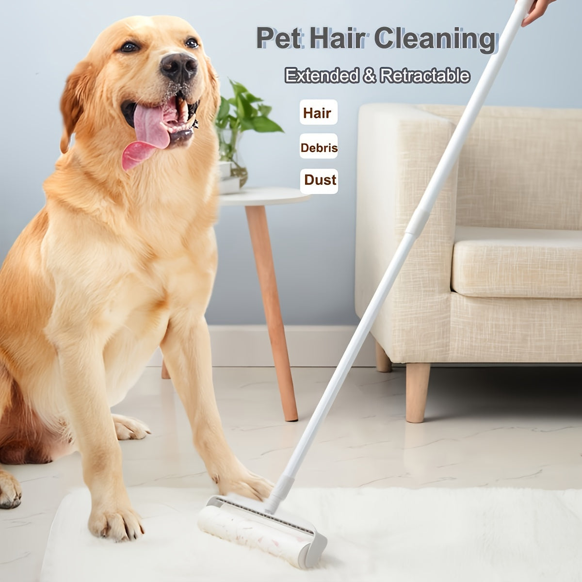 2-in-1 Long Handle Pet Hair Remover Roller - Reusable Lint Fur Roller for Dog, Cat, Carpet, Sofa, Bed, Floor - Easy to Clean, Self-Cleaning, Pet Hair Removal Tool