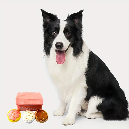 Pet Boredom Sound Toy Dog Grinding Teeth Bite-Resistant Cat Dog Companion Doll Squeaky Pink Donut Box Plush Dog Toy with 3 Donut Squeaky Bites. 4-in-1 Plush Package