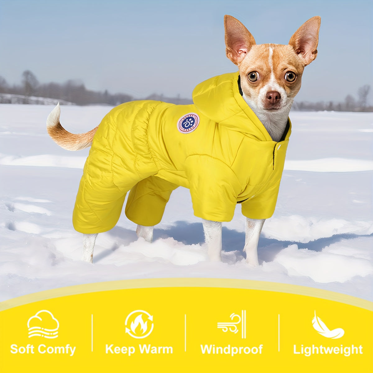 Windproof Thermal Winter Dog Onesie with Hood - Lightweight Warm Pet Suit for Small & Medium Dogs, Easy Snap Button Closure, Machine Washable Cold Weather Clothing for Chihuahuas, Pomeranians, Shih Tzus - Indoor/Outdoor Use,