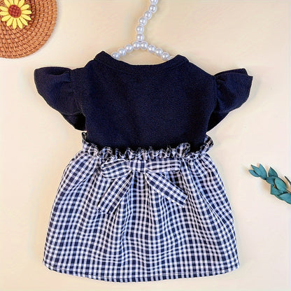 1pc Adorable Dog Pastoral Plaid Dress with Bow Bud & Flying Sleeves - Fashion Pet Skirt for Cats and Dogs - All Seasons Comfortable Clothing