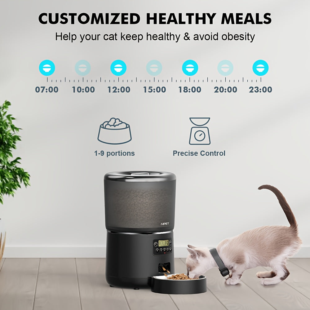 NPET 4L 140.8OZ Automatic Pet Feeder Tailored Healthy Meals Dispenses 1-9 Portions with Accurate Control 4L Large Capacity Available in Button And APP Versions