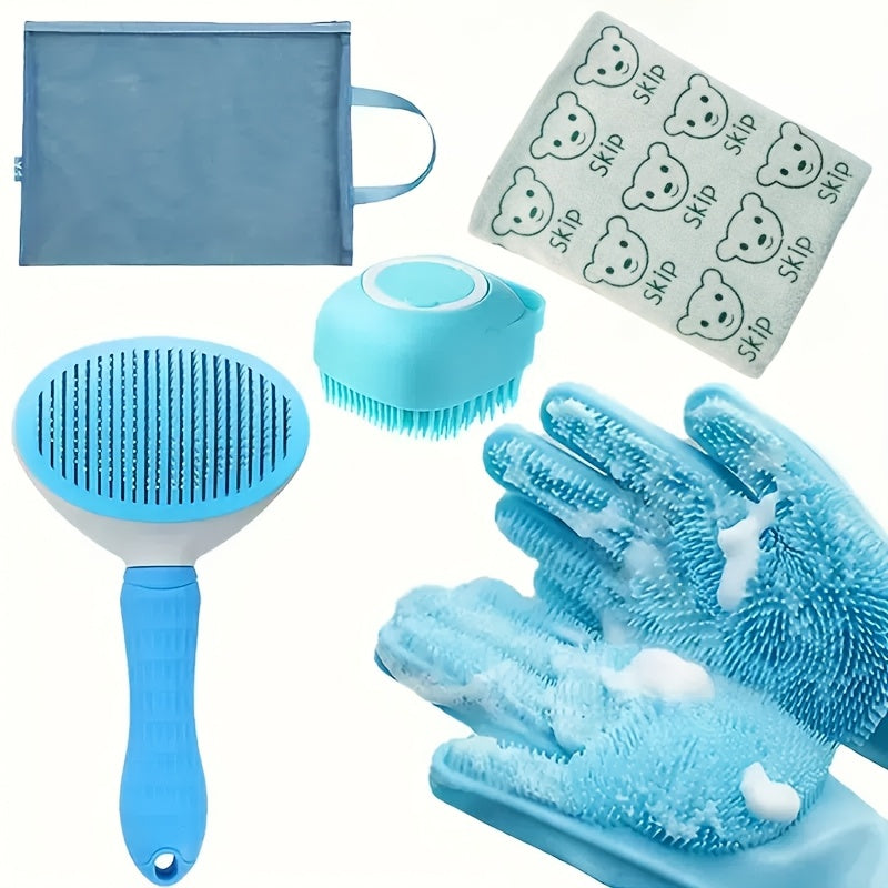 5pcs Dog Grooming Bath Set - Stainless Steel Shampoo Brush, Soft Rubber Washing Gloves, Hair Removal Slider for All Breeds, Pet Care Essentials