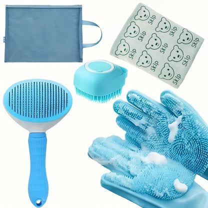 5pcs Dog Grooming Bath Set - Stainless Steel Shampoo Brush, Soft Rubber Washing Gloves, Hair Removal Slider for All Breeds, Pet Care Essentials