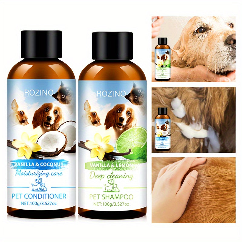 ROZINO 4pcs Pet Care Set: Natural Oral Health & Freshness - Deodorant Spray, Tooth Powder, Shampoo & Conditioner - Mild, Non-Irritating Plastic Material for Dogs & Cats