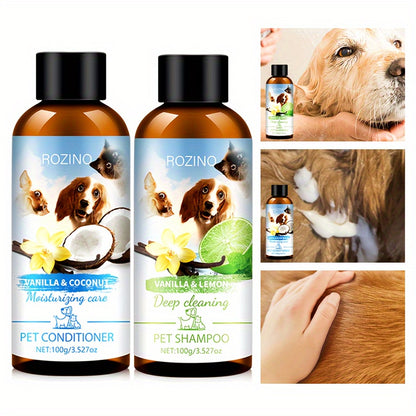 ROZINO 4pcs Pet Care Set: Natural Oral Health & Freshness - Deodorant Spray, Tooth Powder, Shampoo & Conditioner - Mild, Non-Irritating Plastic Material for Dogs & Cats