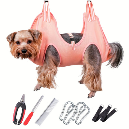 Pink Dog Grooming Hammock with Adjustable Straps & Metal Hooks – Secure Harness for Nail Trimming, Clipping, and Bathing – Easy-to-Use Pet Care Sling for Small to Medium Dogs at Home