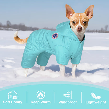 Windproof Thermal Winter Dog Onesie with Hood - Lightweight Warm Pet Suit for Small & Medium Dogs, Easy Snap Button Closure, Machine Washable Cold Weather Clothing for Chihuahuas, Pomeranians, Shih Tzus - Indoor/Outdoor Use,
