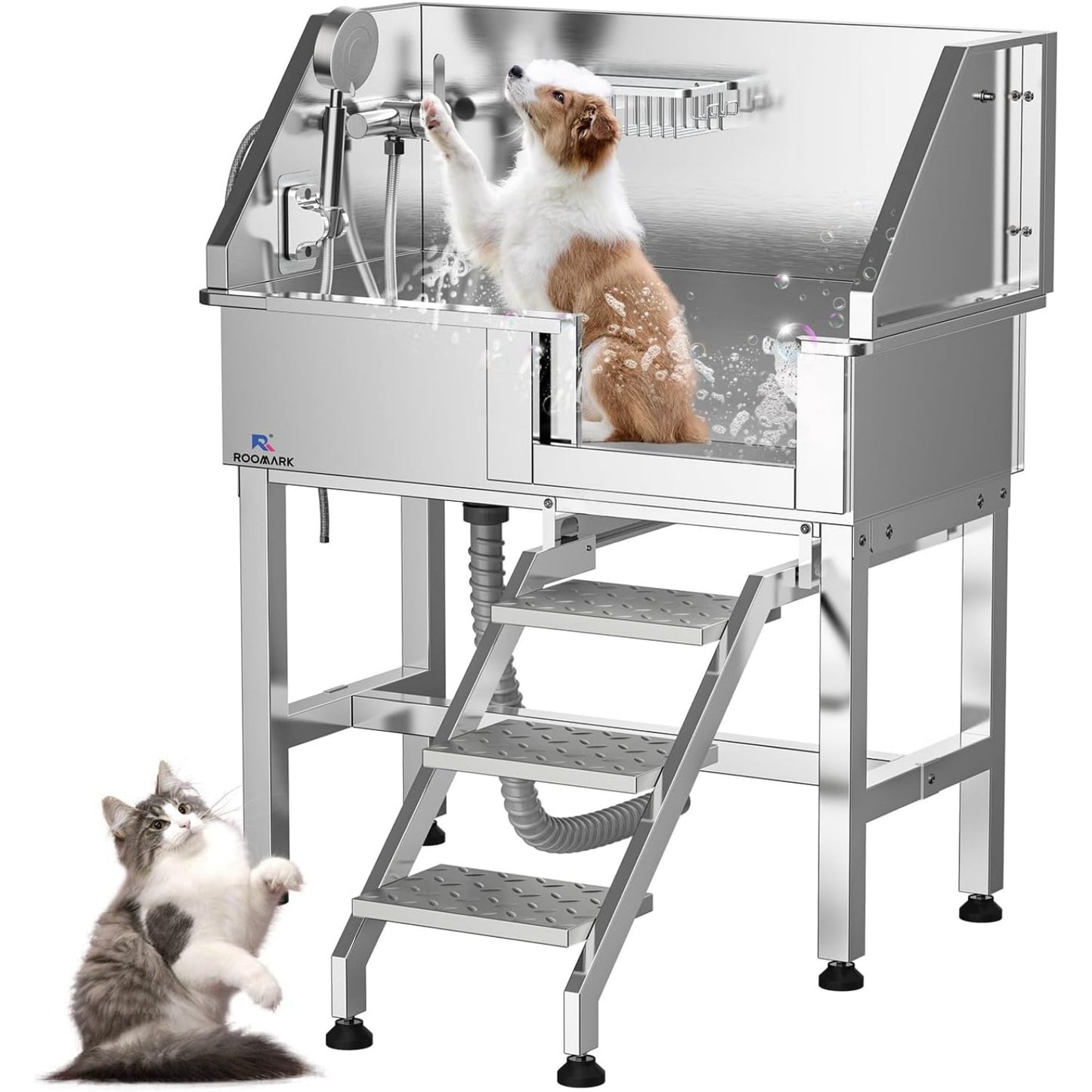 34" Stainless Steel Dog Washing Station with Sliding Door, Steps, Faucet & Sprayer – Easy-Access Bathtub for Small to Medium Pets, Max 110LB Capacity, Right Door Entry, Durable & Easy to Clean, Home Pet Care | Sliding Door