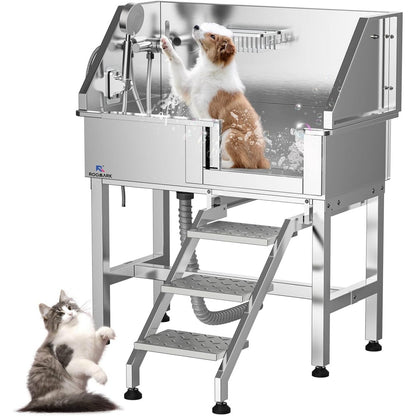 34" Stainless Steel Dog Washing Station with Sliding Door, Steps, Faucet & Sprayer – Easy-Access Bathtub for Small to Medium Pets, Max 110LB Capacity, Right Door Entry, Durable & Easy to Clean, Home Pet Care | Sliding Door