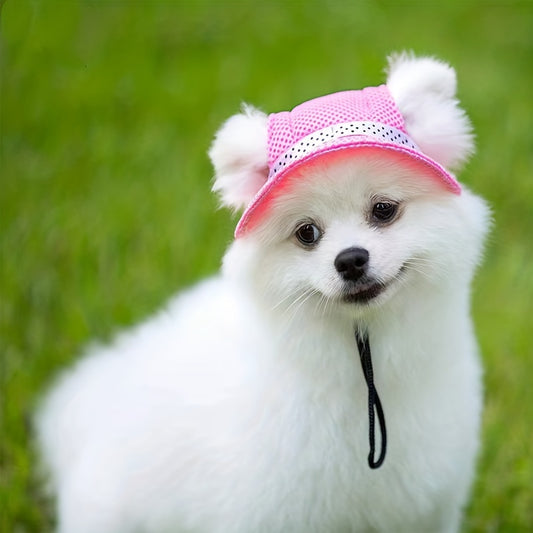 Adjustable Round Brim Dog Cap with Ear Holes - Cute Pet Grooming Dressing Hat for Outdoor Sun Protection