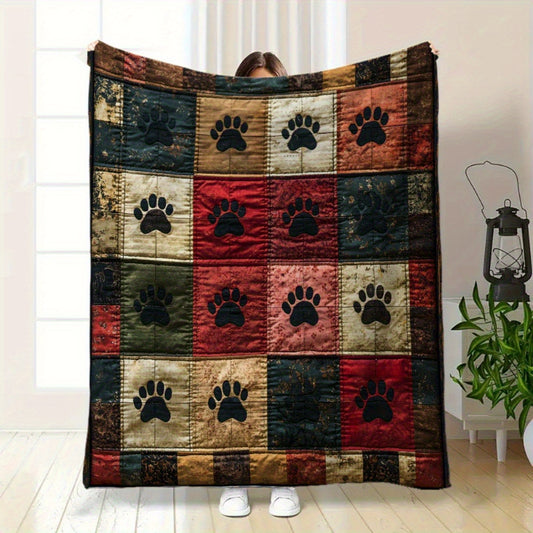 1pc Elegant Luxury Paw Print Quilt Blanket - Soft Flannel Plush Texture, Vintage-Inspired Multi-Color Patchwork with Black/White Paw Prints on Brown, 280gsm All-Season Cozy Throw for Bed, Sofa, Camping & Travel - Durable Pet
