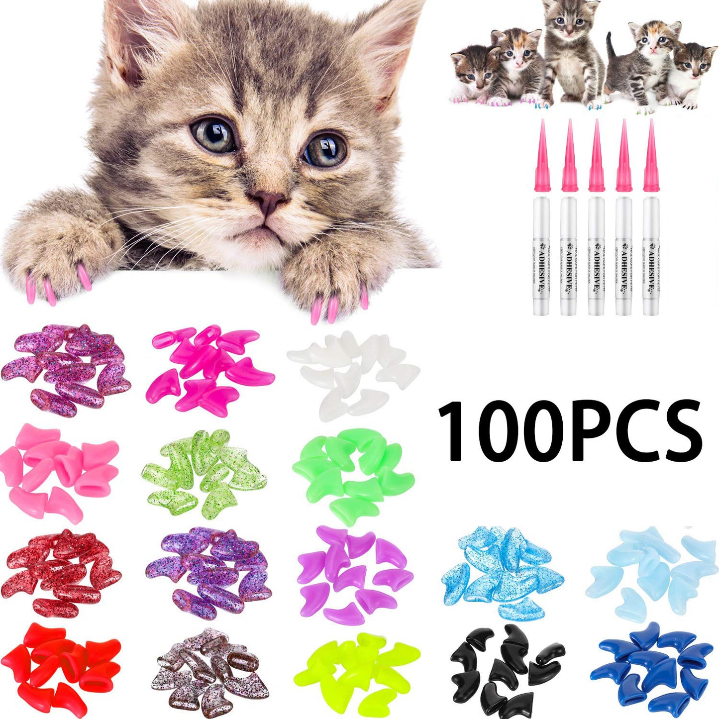20/100pcs Vibrant Cat Nail Caps - Soft, Colorful, and Gentle Claws Covers with Easy-Apply Glue and Applicators for Safe and Stylish Pet Grooming