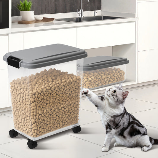 30LBS & 11LBS Large Pet Food Storage Bin with Locking Lid & 4-Wheel Mobility - Heavy-Duty Clear Square Container with Black Base, Spill-Proof Design for Dogs, Cats, Birds - Easy-Clean Durable Plastic Food Dispenser with 2 Cup