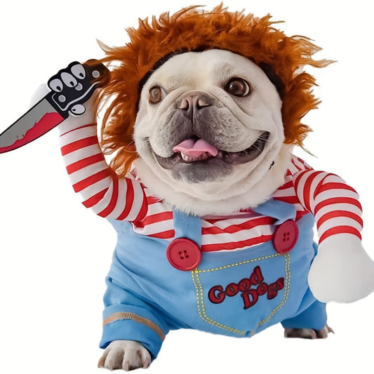 Halloween Deadly Doll Design Pet Dog Costume - Wig And Knife Novelty Funny Scary Props Outfit Apparel Accessories - For Dogs - Halloween Party - Perfect Gift for Dog Lovers