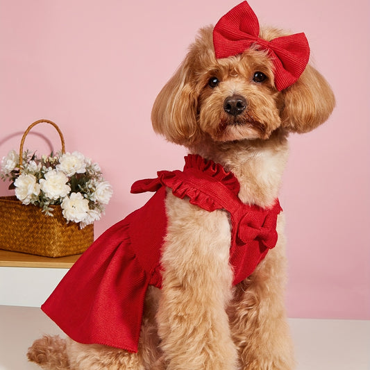 Adorable Red Corduroy Bowknot Dress for Small to Medium Dogs and Cats - All-Season Lightweight Pet Outfit with Matching Hair Clip, Perfect for Weddings, Christmas, and Special Occasions, Dog Dress
