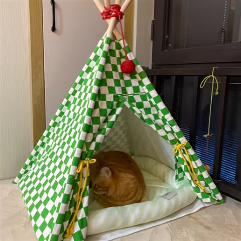 Zeze Cute Pet Tent Pet House Cat Nest Semi-closed Detachable Washable Mat Cat Bed Four Seasons Universal Cat Bed With Checkerboard Pattern