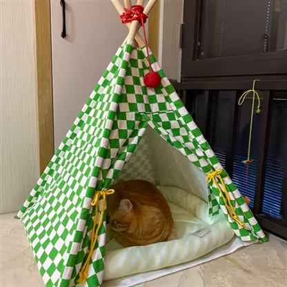 Zeze Cute Pet Tent Pet House Cat Nest Semi-closed Detachable Washable Mat Cat Bed Four Seasons Universal Cat Bed With Checkerboard Pattern