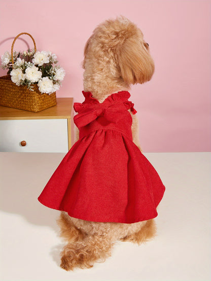 Adorable Red Corduroy Bowknot Dress for Small to Medium Dogs and Cats - All-Season Lightweight Pet Outfit with Matching Hair Clip, Perfect for Weddings, Christmas, and Special Occasions, Dog Dress