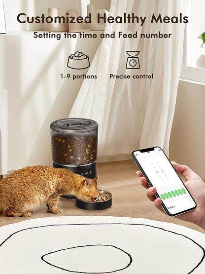 NPET 4L 140.8OZ Automatic Pet Feeder Tailored Healthy Meals Dispenses 1-9 Portions with Accurate Control 4L Large Capacity Available in Button And APP Versions