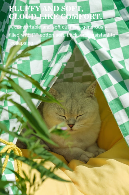 Zeze Cute Pet Tent Pet House Cat Nest Semi-closed Detachable Washable Mat Cat Bed Four Seasons Universal Cat Bed With Checkerboard Pattern