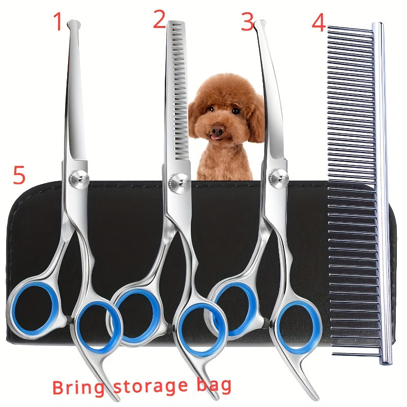 Professional Pet Grooming Scissors Set - Includes 1 x 6.5-inch Thinning Shears, 1 x 6.5-inch Curved Shears, 1 x 6.5-inch Straight Shears, 1 Pet Comb, 1 Cleaning Cloth, and 1 Black Case